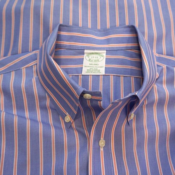 Brooks Brothers Milano Original Polo Shirt Mens Sz 17-33 Blue Striped Non Iron - Picture 9 of 10